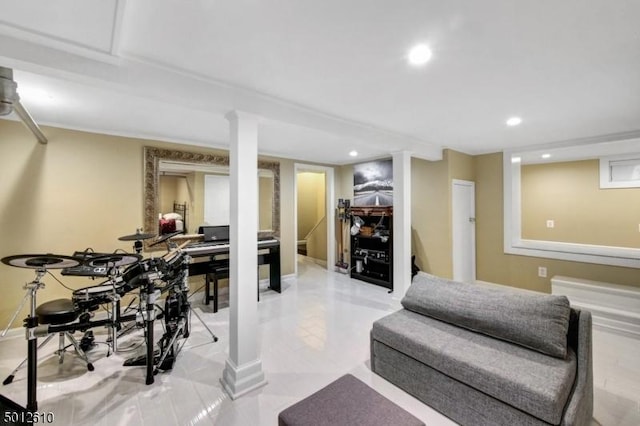 rec room with recessed lighting and baseboards