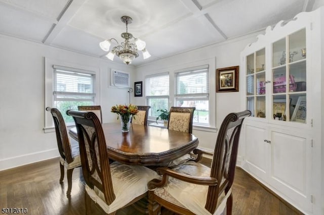 dining space with coffered ceiling, a chandelier, plenty of natural light, baseboards, and dark wood finished floors