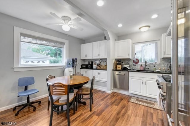 kitchen with stainless steel dishwasher, healthy amount of natural light, a sink, decorative backsplash, and recessed lighting