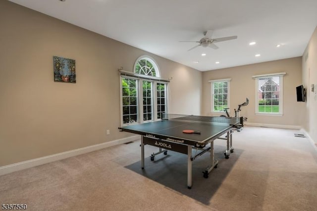 102 Independence Dr, Bernards Twp, NJ 07920 - recreation room featuring light carpet, a ceiling fan, plenty of natural light, baseboards, and recessed lighting