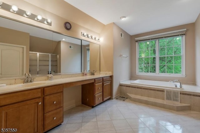102 Independence Dr, Bernards Twp, NJ 07920 - full bathroom featuring double vanity, tile patterned flooring, a bath, and a stall shower