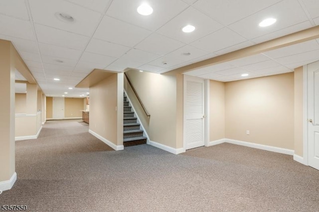 102 Independence Dr, Bernards Twp, NJ 07920 - finished below grade area featuring carpet, stairway, baseboards, recessed lighting, and a drop ceiling