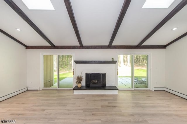 113 Spook Ridge Rd, Montague Twp, NJ 07827 - unfurnished living room featuring a skylight, beam ceiling, light wood finished floors, healthy amount of natural light, and recessed lighting