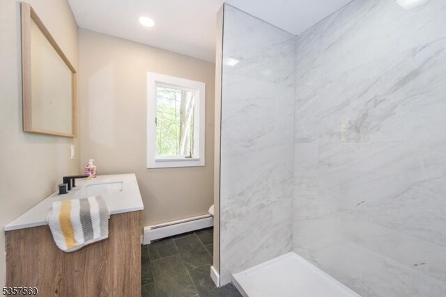 113 Spook Ridge Rd, Montague Twp, NJ 07827 - full bath featuring baseboard heating, vanity, toilet, a shower, and recessed lighting