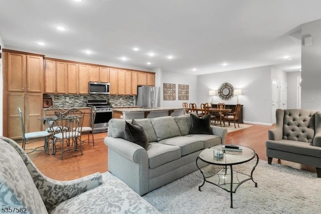 18 Brompton Pl, Randolph Twp, NJ 07869 - living room with light wood-style flooring, recessed lighting, and baseboards