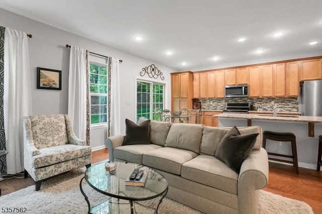 18 Brompton Pl, Randolph Twp, NJ 07869 - living area featuring wood finished floors, recessed lighting, and baseboards
