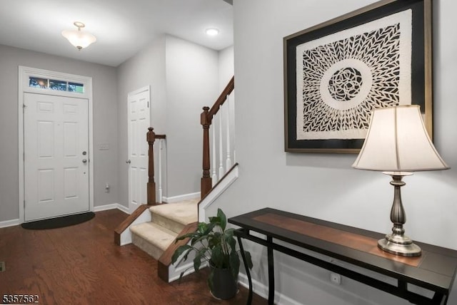 18 Brompton Pl, Randolph Twp, NJ 07869 - entrance foyer with stairway, dark wood finished floors, and baseboards