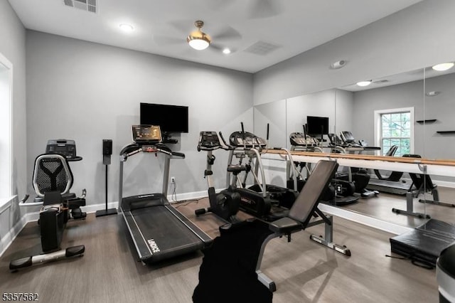 18 Brompton Pl, Randolph Twp, NJ 07869 - workout area featuring wood finished floors, ceiling fan, baseboards, and recessed lighting