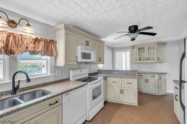 392 Pittstown Rd, Franklin Twp, NJ 08867 - kitchen with white appliances, a sink, ceiling fan, glass insert cabinets, and cream cabinets