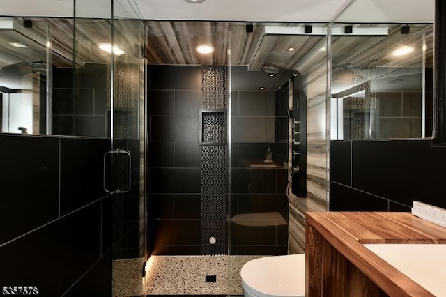 203 Stanhope Rd, Sparta Twp, NJ 07871 - bathroom featuring toilet, a stall shower, and vanity