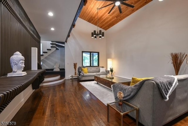 203 Stanhope Rd, Sparta Twp, NJ 07871 - living room with a ceiling fan, wood finished floors, stairway, high vaulted ceiling, and a chandelier