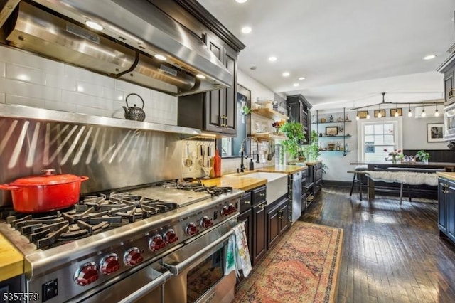 kitchen featuring appliances with stainless steel finishes, wall chimney exhaust hood, a sink, dark wood finished floors, and open shelves