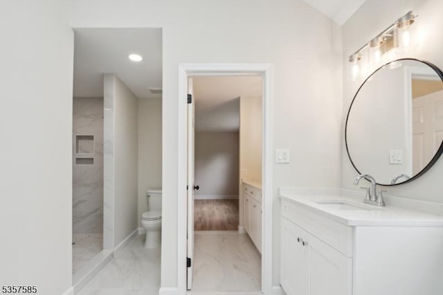 full bath with marble finish flooring, toilet, vanity, walk in shower, and recessed lighting