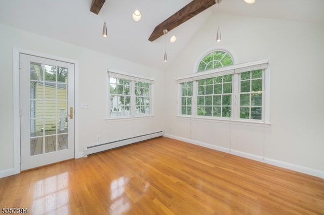spare room featuring baseboard heating, beamed ceiling, wood finished floors, healthy amount of natural light, and baseboards