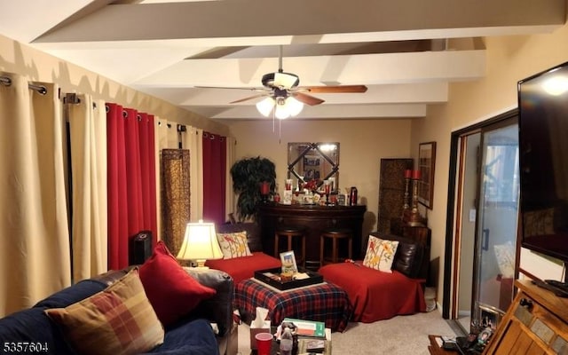 115 Seminole Rd Unit 115, Andover Twp, NJ 07848 - living area with carpet flooring, a ceiling fan, and beam ceiling