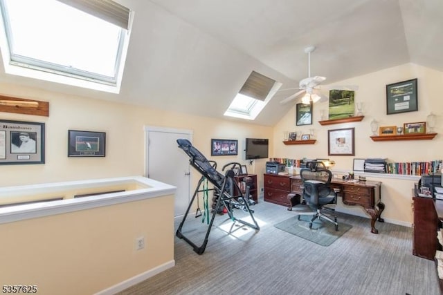 10 Cooper Ln, Long Hill Twp, NJ 07946 - carpeted home office with a skylight, a ceiling fan, lofted ceiling, and baseboards