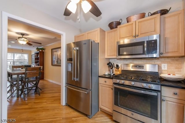 10 Cooper Ln, Long Hill Twp, NJ 07946 - kitchen featuring stainless steel appliances, ceiling fan, light brown cabinets, and backsplash