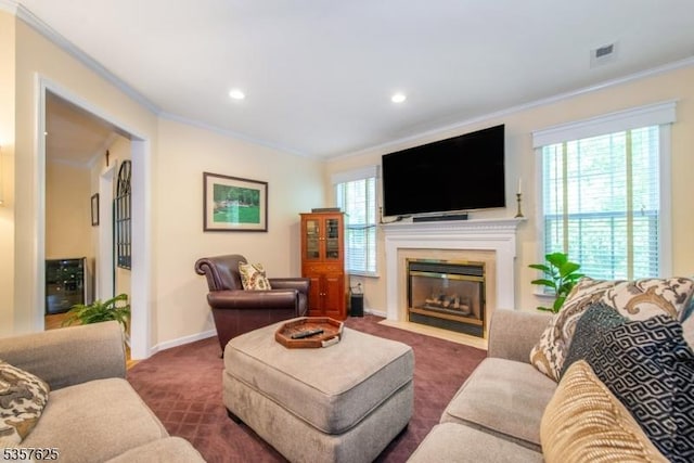 10 Cooper Ln, Long Hill Twp, NJ 07946 - living area with ornamental molding, dark carpet, a fireplace with flush hearth, baseboards, and recessed lighting