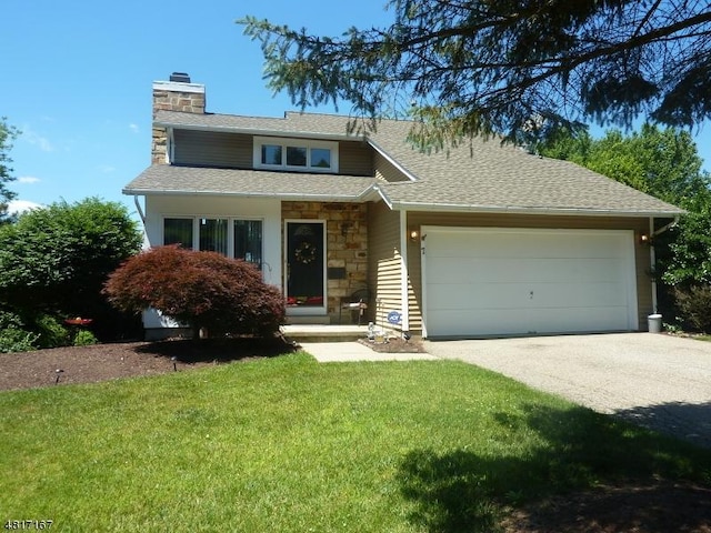 view of front of property featuring a chimney, stone siding, an attached garage, a front lawn, and asphalt driveway
