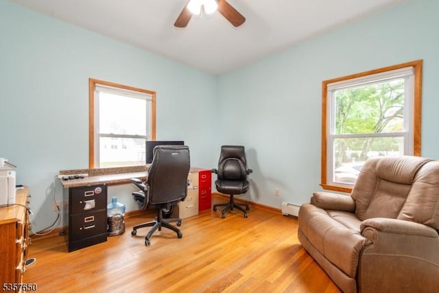 100 W Hanover Ave, Morris Twp, NJ 07950 - home office with a baseboard radiator, light wood-style floors, and ceiling fan