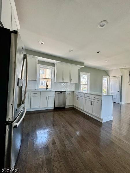 261 Hickory St, City Of Orange Twp, NJ 07050 - kitchen with stainless steel appliances, a peninsula, dark wood-type flooring, plenty of natural light, and recessed lighting