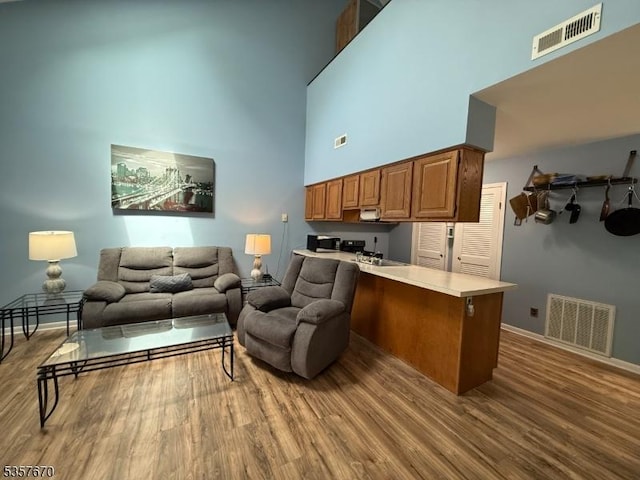 7 Deer Valley Ln Unit 6, Vernon Twp, NJ 07462 - living room featuring a towering ceiling, wood finished floors, and baseboards