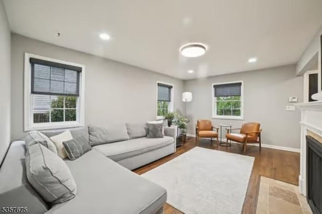 living area with a fireplace with flush hearth, wood finished floors, baseboards, and recessed lighting