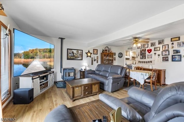 287 Cheyenne Rd, Andover Twp, NJ 07848 - living room featuring a wood stove, ceiling fan, light wood-style floors, and plenty of natural light