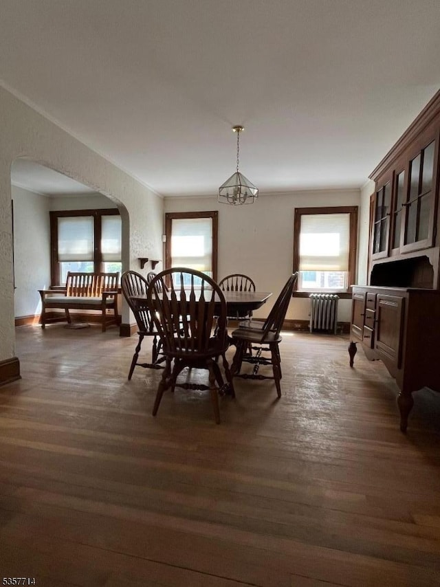 201 W Passaic Ave, Bloomfield Twp, NJ 07003 - dining space with radiator, arched walkways, dark wood-style floors, and baseboards