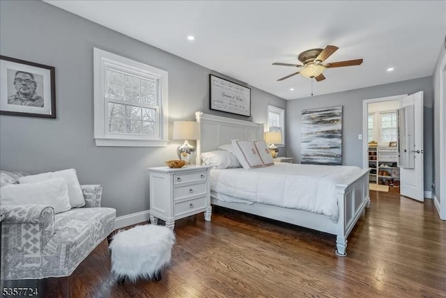 1011 Stillwater Rd, Stillwater Twp, NJ 07860 - bedroom with dark wood finished floors, baseboards, ceiling fan, and recessed lighting