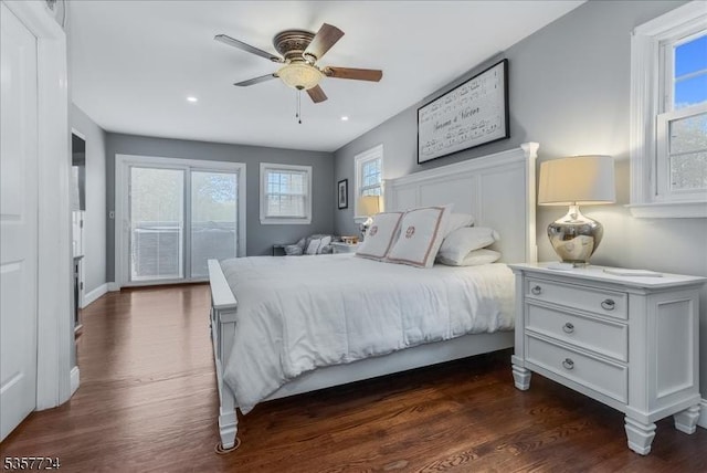 1011 Stillwater Rd, Stillwater Twp, NJ 07860 - bedroom with dark wood finished floors, multiple windows, a ceiling fan, and recessed lighting