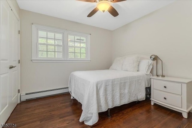1011 Stillwater Rd, Stillwater Twp, NJ 07860 - bedroom featuring a baseboard radiator, dark wood finished floors, and a ceiling fan