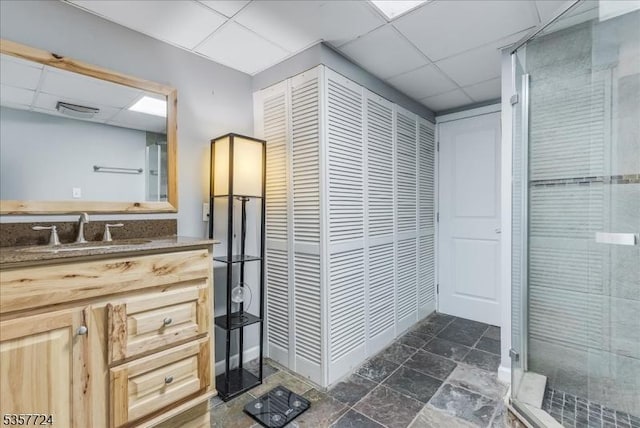 1011 Stillwater Rd, Stillwater Twp, NJ 07860 - full bathroom with a drop ceiling, a stall shower, stone finish floors, and vanity