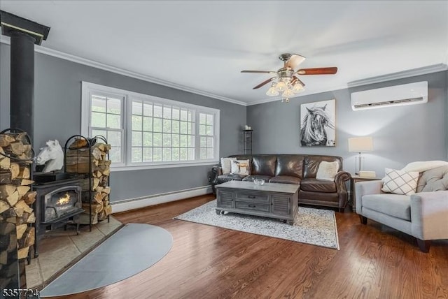 1011 Stillwater Rd, Stillwater Twp, NJ 07860 - living area with a wood stove, a wall mounted AC, a baseboard heating unit, a ceiling fan, and wood finished floors