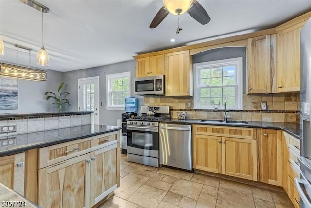 1011 Stillwater Rd, Stillwater Twp, NJ 07860 - kitchen featuring appliances with stainless steel finishes, a sink, light brown cabinets, decorative backsplash, and recessed lighting