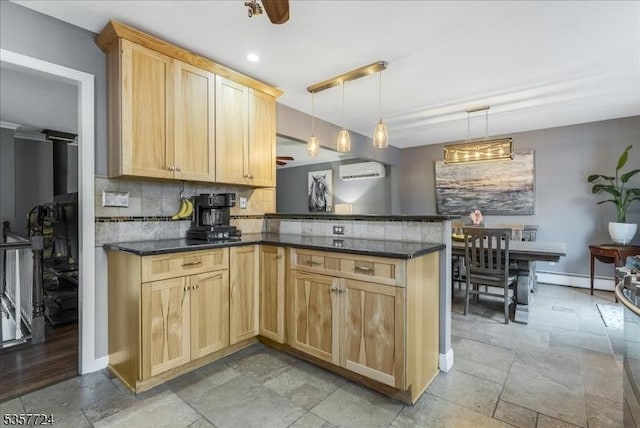 1011 Stillwater Rd, Stillwater Twp, NJ 07860 - kitchen featuring stone tile floors, light brown cabinetry, decorative backsplash, and a wall mounted air conditioner