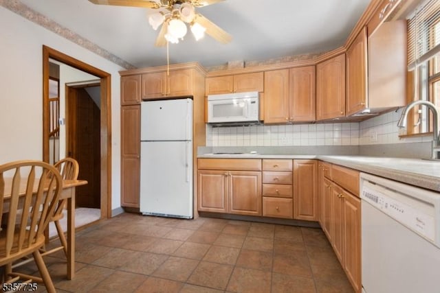3 Red Maple Ln, Kenilworth Boro, NJ 07033 - kitchen featuring white appliances, ceiling fan, backsplash, and light countertops