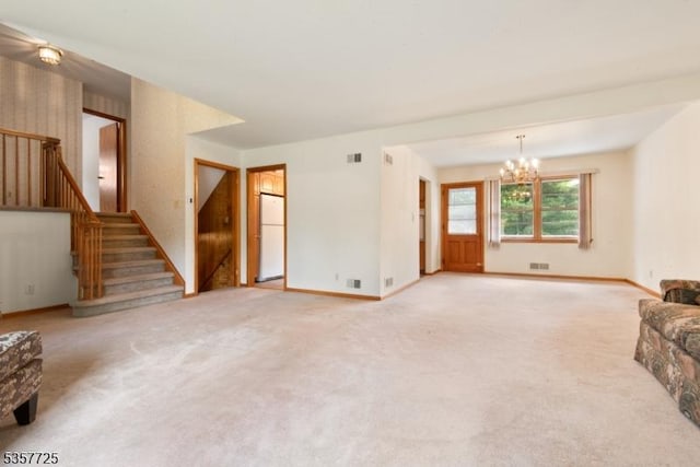 3 Red Maple Ln, Kenilworth Boro, NJ 07033 - unfurnished living room featuring light colored carpet, stairs, a chandelier, and baseboards