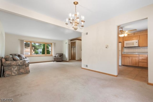 3 Red Maple Ln, Kenilworth Boro, NJ 07033 - unfurnished living room featuring light colored carpet, a chandelier, baseboards, and a ceiling fan