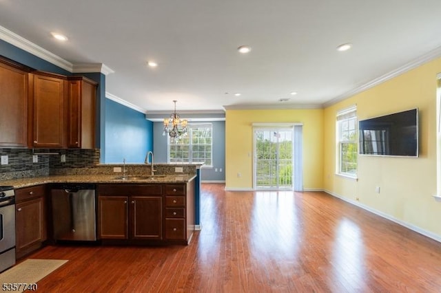 302 Waterview Ct, Hanover Twp, NJ 07927 - kitchen with dishwasher, a peninsula, dark wood-style flooring, a chandelier, and a sink