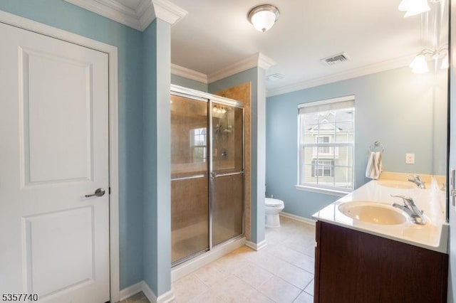302 Waterview Ct, Hanover Twp, NJ 07927 - full bath with toilet, double vanity, a shower stall, baseboards, and ornamental molding
