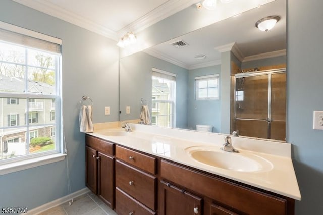 302 Waterview Ct, Hanover Twp, NJ 07927 - bathroom featuring double vanity, a stall shower, crown molding, toilet, and baseboards