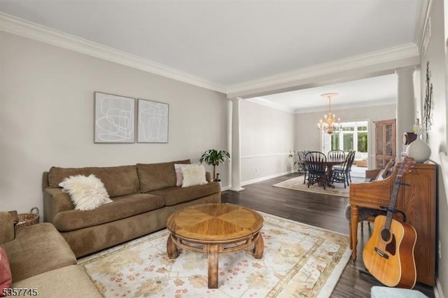 4 Rachel Ct, Greenwich Twp, NJ 08886 - living area with decorative columns, wood finished floors, a chandelier, baseboards, and ornamental molding