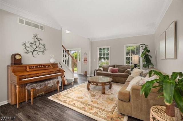 4 Rachel Ct, Greenwich Twp, NJ 08886 - living area with ornamental molding, stairs, dark wood-style floors, and baseboards