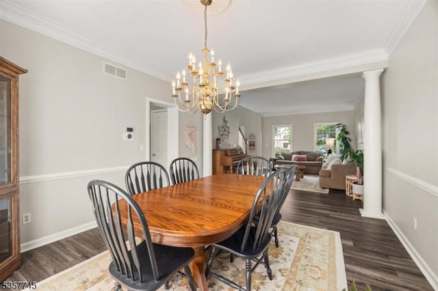 4 Rachel Ct, Greenwich Twp, NJ 08886 - dining room with dark wood finished floors, a chandelier, ornamental molding, and baseboards