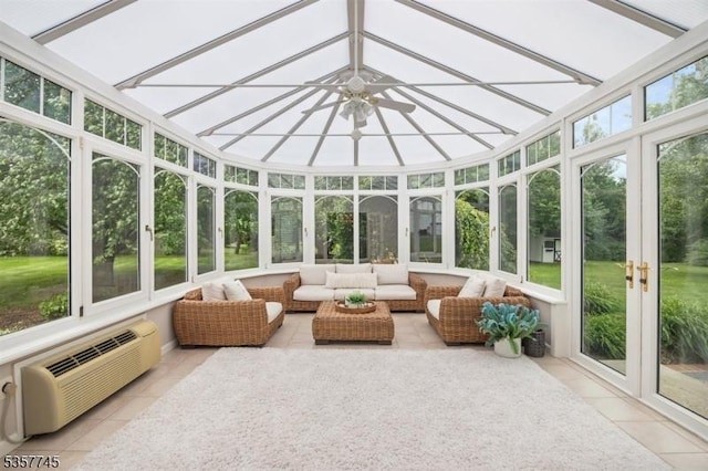 4 Rachel Ct, Greenwich Twp, NJ 08886 - sunroom with a wall mounted air conditioner, french doors, an outdoor hangout area, a ceiling fan, and lofted ceiling