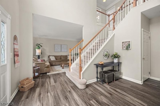 4 Rachel Ct, Greenwich Twp, NJ 08886 - entrance foyer with wood finished floors, healthy amount of natural light, stairs, a towering ceiling, and crown molding