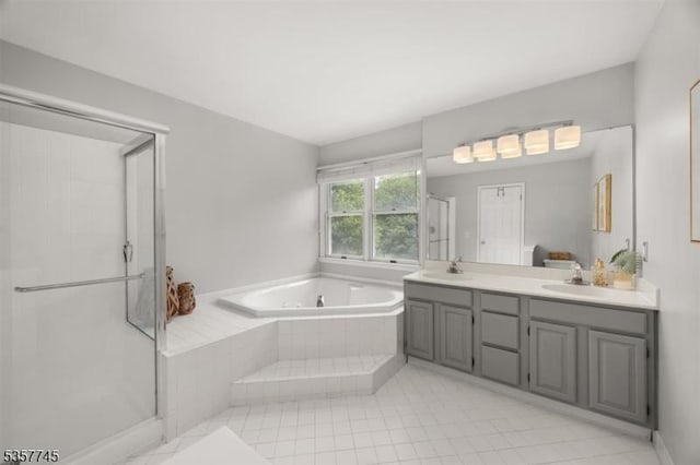 4 Rachel Ct, Greenwich Twp, NJ 08886 - full bathroom featuring a bath, a stall shower, double vanity, and tile patterned floors