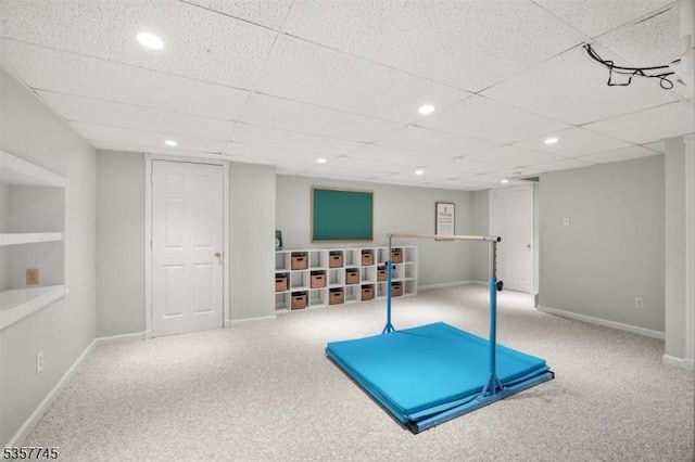 4 Rachel Ct, Greenwich Twp, NJ 08886 - workout area with carpet floors, recessed lighting, baseboards, and a drop ceiling