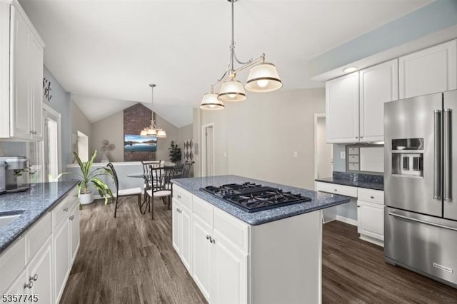 4 Rachel Ct, Greenwich Twp, NJ 08886 - kitchen featuring high end refrigerator, gas cooktop, dark wood-style flooring, white cabinets, and lofted ceiling